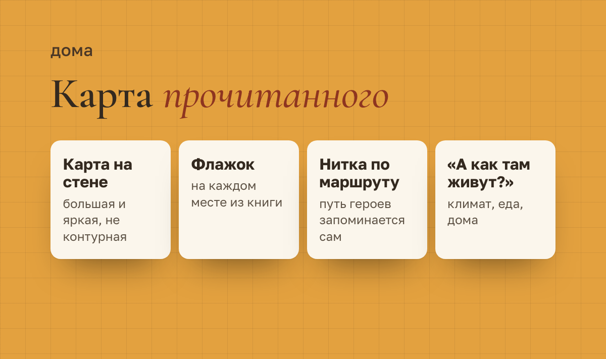 Карта прочитанного: большая карта мира на стене; флажок на каждом месте из прочитанной книги; нитка по маршруту героев; вопрос «а как там живут?»