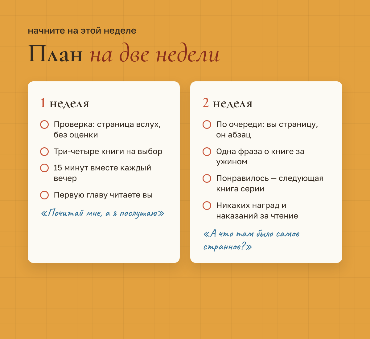 План на две недели: первая неделя — проверка чтения вслух, три книги на выбор, пятнадцать минут вместе каждый вечер, первую главу читаете вы; вторая неделя — читаете по очереди, одна фраза о книге за ужином, вторая книга той же серии или автора