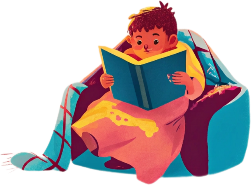 Школьник читает книгу в кресле-мешке